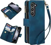 [GoshukunTech] for Samsung Galaxy Z Fold6 5G Wallet Case with 9 Card Holders,for Galaxy Z Fold6 Case Zipper Coin Pocket PU Leather Flip Cover Kickstand Protective Phone Purse with Wrist Strap-Blue