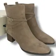 NEW Anne Klein Tan Ankle Boots 7.5 Strappy Buckle Stacked Block Heel Low Booties
