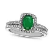 Oval Emerald and 0.33 CT. T.W. Natural Diamond Frame Bridal Engagement Ring Set in Solid 14K White Gold