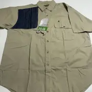 Remington Button Down Shooting SS Khaki Shirt Denim Shoulder Patch Men L 42/44