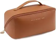 Large Travel Cosmetic Bag Portable Make up Makeup Bag Waterproof PU Leather Storage Brown