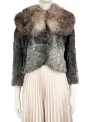 Grey Fox Fur Collar Lamb Fur Jacket