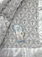 Nat & Jules Gray White Cross Baby Blanket Satin Edging