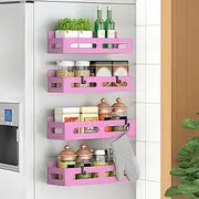 Sevenblue 4 Pack Magnetic Spice Rack for Refrigerator, Spice Rack Organizer, Moveable Magnetic Shelf Fridge Organizer with 4 Hooks for Kitchen and Oven Organization, Pink