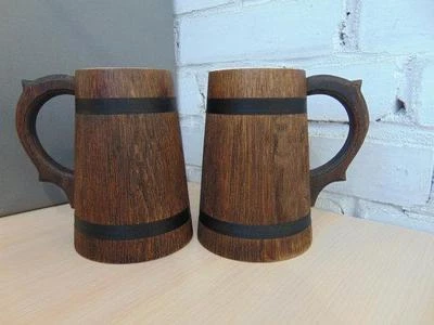 Wooden Wood Oak Beer Mug 0.5 l (17 oz) Handmade Tankard Barrel Wood Cup 2 Pcs