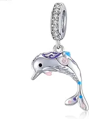 [PIROIT] Dolphin Charm with Crystal Charm 925 Sterling Silver Ocean Charm Animal Charm Birthday Charm for Pandora Charms Bracelet