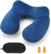 [Xkey] Travel Pillow, Inflatable Travel Pillow for Airplane Inflatable Neck Pillow for Traveling with Soft Velvet Washable Cover, Contoured Eye Masks, Earplugs and Luxury Bag (Navy Blue)