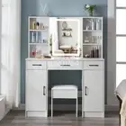 White Dressing Table Stool With Drawers LED Lights Mirror Makeup Desk Vanity Set