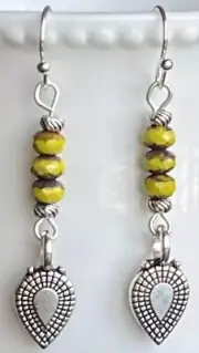 Etched Silver Teardrop with Green Picasso Bead Dangle Earrings.