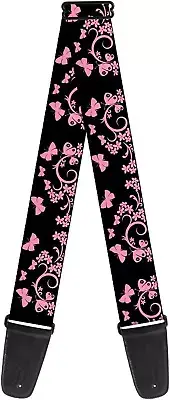 Guitar Strap Butterfly Garden Black Pink 2 Inches Wide (GS-W30233)