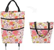 Folding shopping bag, supermarket trolley with two lightweight folding wheels, reusable Oxford cloth, large capacity ultra-light portable shoulder backpack, shopping bag must-have at home (flowers)