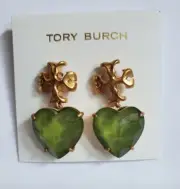 Tory Burch ROXANNE Big HEART EARRINGS Rolled Brass/Olive NEW