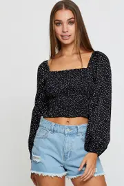 Polka Dot Crop Top Long Sleeve - Size L, Women's Crop Top