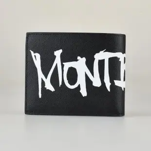 【MONTBLANC 萬寶龍】MONT BLANC SARTORIAL六角星LOGO毛筆塗鴉設計牛皮6卡對折短夾(黑x白字)