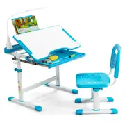 Babyjoy Kid's Tables & Chairs Height Adjustable Study Desk Set w/LED Light/Tilted Tabletop/Book Stand/Drawer/Pencil Case Blue