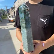 2.9LB Natural Moss Agate Tower Drusy Geode Quartz Obelisk Crystal Healing Gift