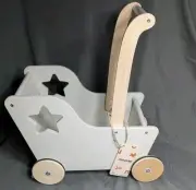 MOOVER Denmark Rare Beige Baby Doll Teddy Bear Wood Pram Toy Push Cart Stroller