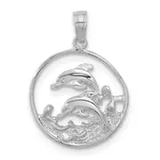 14K White Gold Double Dolphin Circle Pendant
