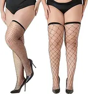 [QFGasre] 2 Pairs Thigh High Fishnet Stocking Black Over Knee Fishnet Stay Up Silky Stockings for Women, black, One size
