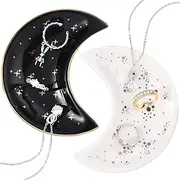 [Patelai] 2 Pieces Moon Trinket Tray Jewelry Plate Trinket Dish Tray Ring Ceramics Jewelry Dish Gifts for Rings, Earrings, Bracelets, Necklaces, Crystals Stones(White, Black)