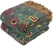 Boho Throw Blanket for Bed 100% Cotton Ultra Soft Rustic Quilt Farmhouse Decor Bed Summer Blanket,All Season Rustic Throw for Sofa Couch Chair (Flower-Dark Green, 90"×98")