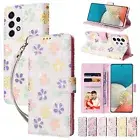 For Samsung Galaxy A54 A25 A14 A05 Flower Pattern Flip Stand Wallet Case+Strap