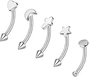 [ZS] 5Pcs Stainless Steel Eyebrow Rings, 16G Curved Belly Rings Navel Barbell Helix Daith Tragus Earrings Spike Vertical Labret Lip Piercing Jewellry