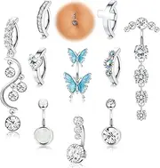 [YADOCA] 10 Pieces 14G Silver Belly Button Piercings Surgical Steel for Women Girls Long Belly Piercing Cubic Zirconia Butterfly Belly Button Piercings Jewellery Set, Stainless Steel
