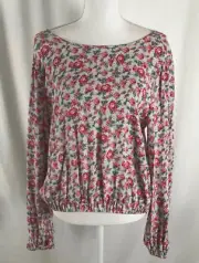 New Ann Taylor Loft Womens Top Pink Blue White Floral Long Sleeve Rayon Medium