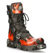 New Rock 591-S1 Red Flame Boots Metal Black Leather Heavy Punk Gothic Boots
