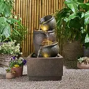 30.75" High 3-Tier Patio Water Fountain, Weather Resistant Outdoor Waterfall with Light for Garden Patio and Backyard, Light Brown