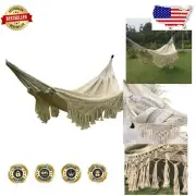 Handmade Cotton Woven Balcony Hammock Chair with Crochet Fringe - Natural White