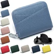 [Generic] Credit Card Holder for Women Men RFID Blocking Wallet RFID Skimming Prevention Genuine Leather Wallet Multifunctional 14 Cards Compact Zipper Cards Mini Credit Card Anti-theft, Blue, Minimalist Small
