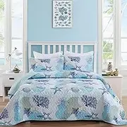 Dinjoy Coastal Quilt Set Twin Size, Blue Ocean Beach Themed Bedding Set Coral Seashell Conch Starfish Pattern Microfiber Lightweight Summer Bedspread Coverlet Bed Set All Season(68x86 Inch)