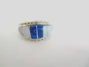 Size 8 White Opal & Blue Opal Inlaid Ring Set In S.Silver Zuni Handmade R33