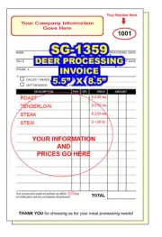DEER PROCESSING INVOICE BUTCHERING WORK ORDER 2 or 3 Part Carbonless Forms
