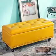 Ottoman Leather Button Tufted with Wooden Legs Large Storage Bench Shoe Changing Stool for Living Room Bedroom Entryway Hallway-Yellow 80x40x43cm(31x16x17inch)