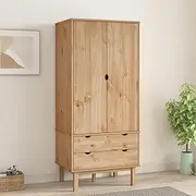 Wardrobe OTTA - 76.5x53x172 cm Solid Wood Pine, Scandinavian Style Closet with Ample Storage, 2 Drawers, 1 Large Compartment, Stable Frame and Rustic Finish, Perfect Bedroom Organizer