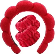 VNIHTT Red Bubble Headband for Washing Face, Makeup headband,Sponge Spa Skincare Headbands,Soft Fluffy Hairband for Women Girls with Wrist Towels for Wash Face