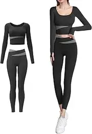 [Hveuluop Gieen] Women's Colour Blocking Long Sleeve Yoga Clothing 2 Sets Seamless Nude Tight Skinny Sport Quick Dry Running Fitness Suit