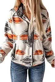 [SELINK] Womens Fleece Jacket Western Aztec Print Long Sleeve Snap Button Down Shacket Jackets with Pockets
