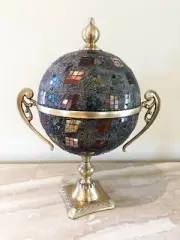 NEW Glass Mosaic Brass Handmade Urn Canister Lidded Jar with Handles Slate Gray