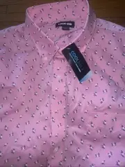 LANDS END Coolmax Mens XXLT Shirt. Pink with Navy/White Flower Pattern