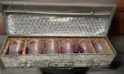 Frosted Shot Glasses w/Animal Figures seated in a collectible Metal Box-Vintage!