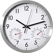 Clockswise 12-inch Non-Ticking Quartz Wall Clock with Thermometer & Hygrometer - Battery Operated Aluminum Analog Clock for Temperature & Humidity Monitoring - Ideal for Home, Office or School, Silver