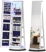 Dystler Full-length mirror Jewelry Cabinet Standing with Lights, 360° Swivel Jewelry Armoire with Lighted Mirror, Large Storage for Jewelry Organizer Box