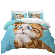 Funny Kittens Worried Ginger Kitty Cat over Blue Quilt Cover