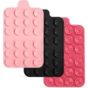 3pcs Suction Cup Phone Mount,Phone Case Silicone Phone Holder with 24 Suction Cups Double-Sided Sticky Phone Grip Mount Smartphone Accessories for iPhone Android Back Flat Surfaces (3 Colors)