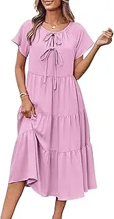 [GRACE KARIN] Summer Maternity Dress 2025 Casual Tie Front Loose Flowy Tiered Pleated Short Sleeve Midi Sundress