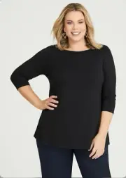 Women’s Size 18 Black Taking Shape Natural Boat Neck Top - 3/4 Sleeves